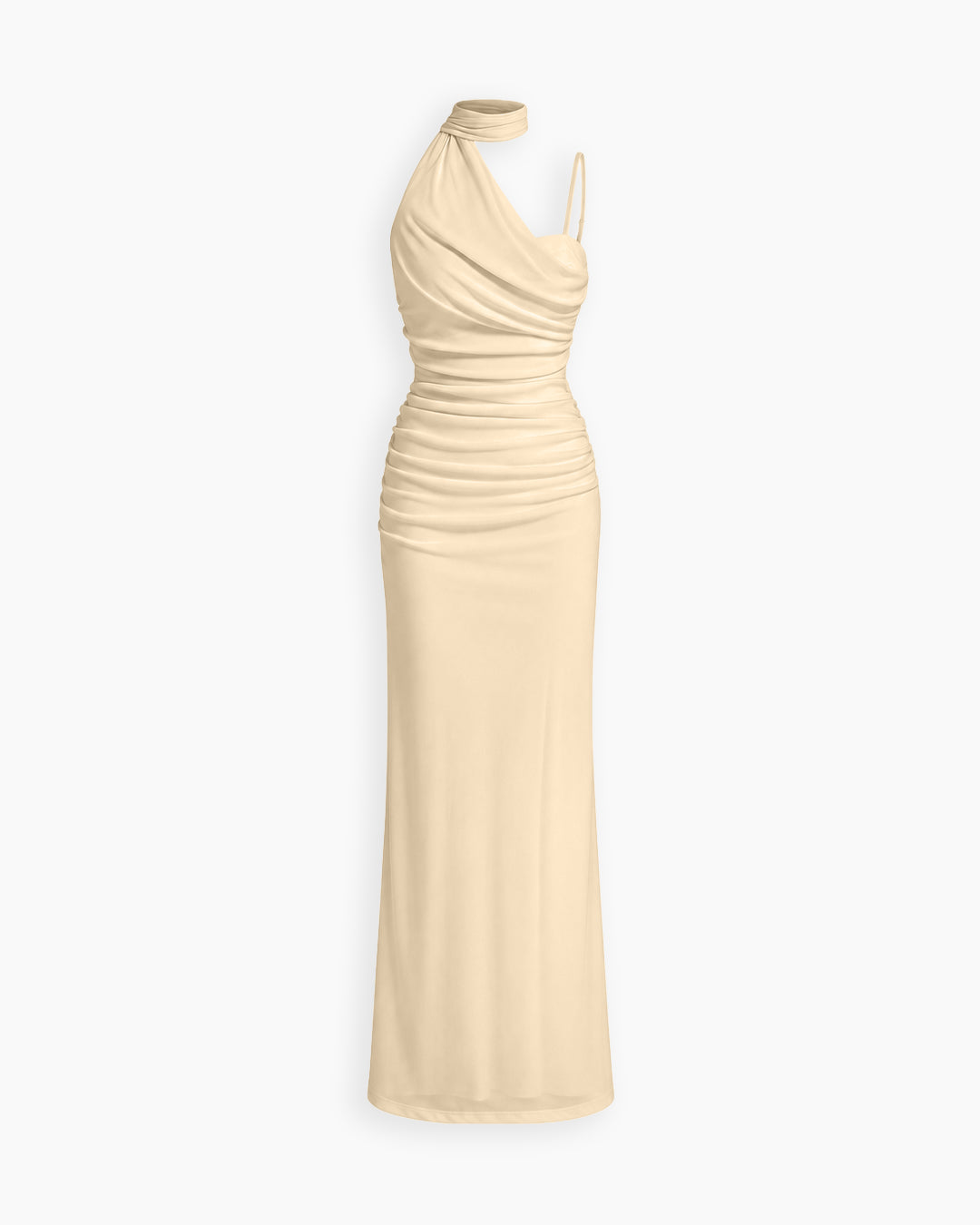 Asymmetric Neck Ruched Draped Maxi Dress in Cream