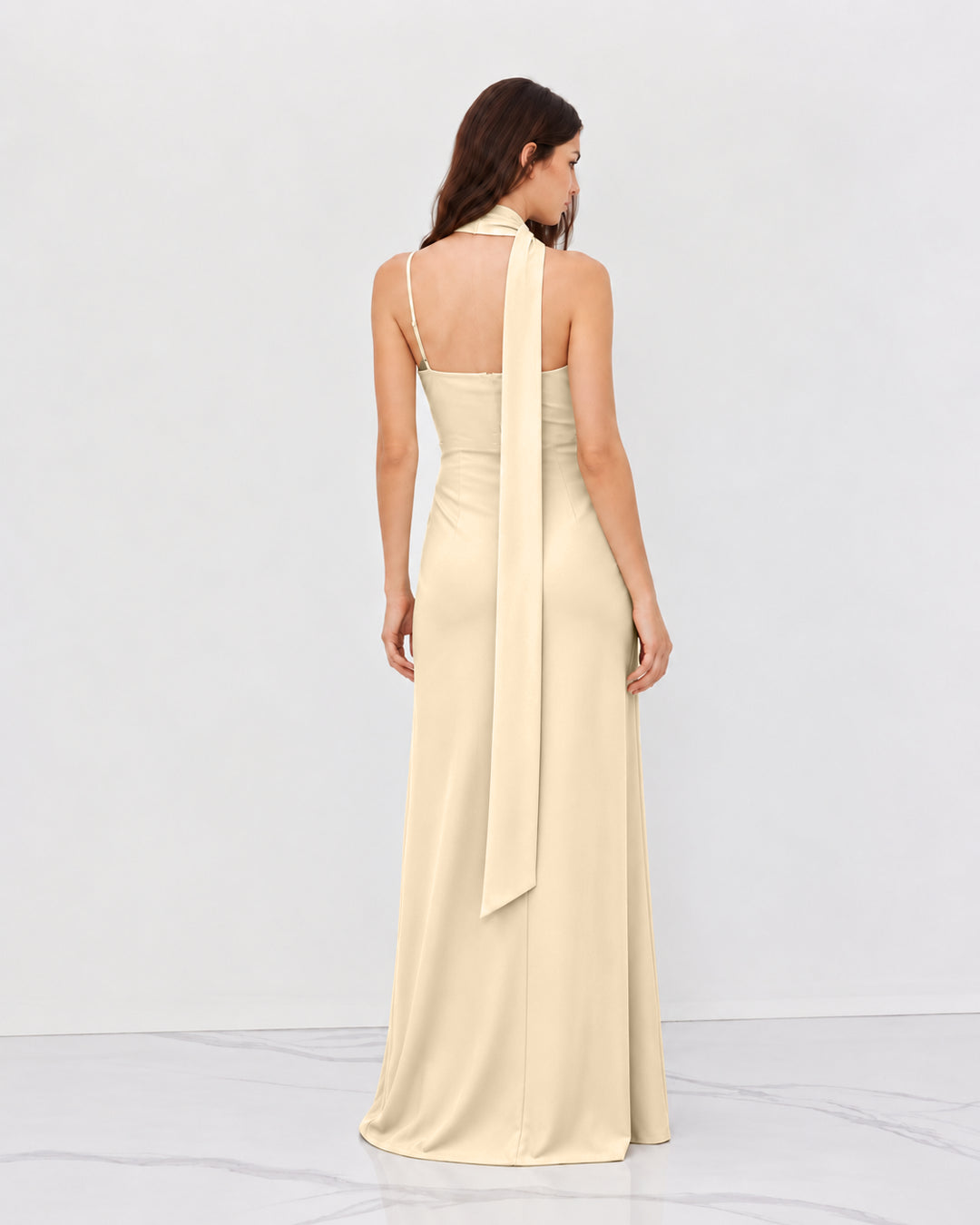 Bonus Cloth's Asymmetric Neck Ruched Draped Maxi Dress in Cream