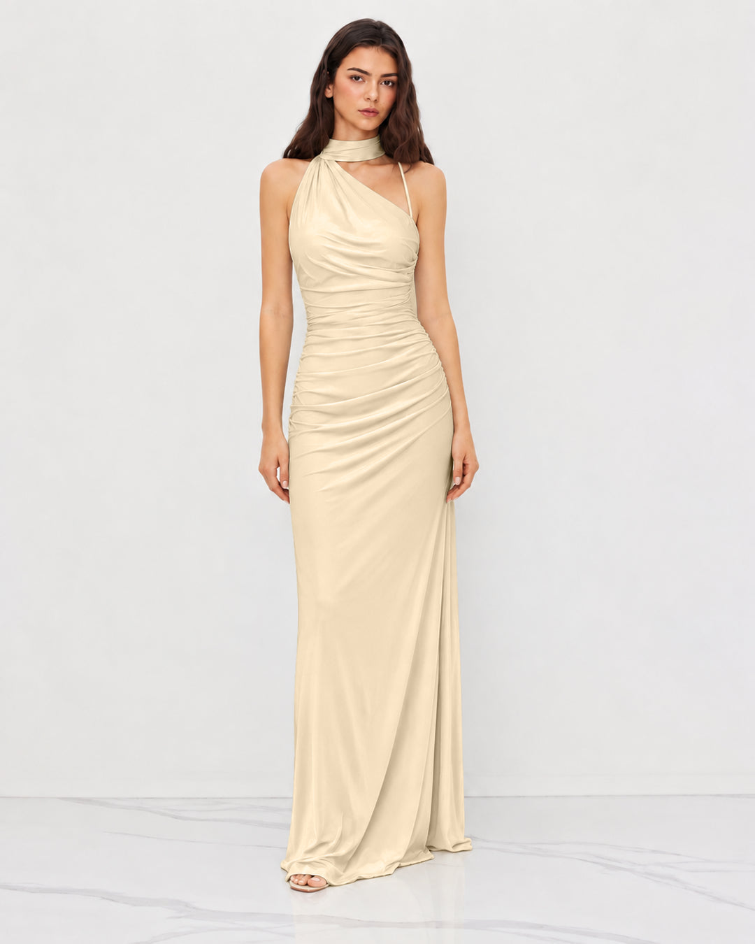 Asymmetric Neck Ruched Draped Maxi Dress in Cream
