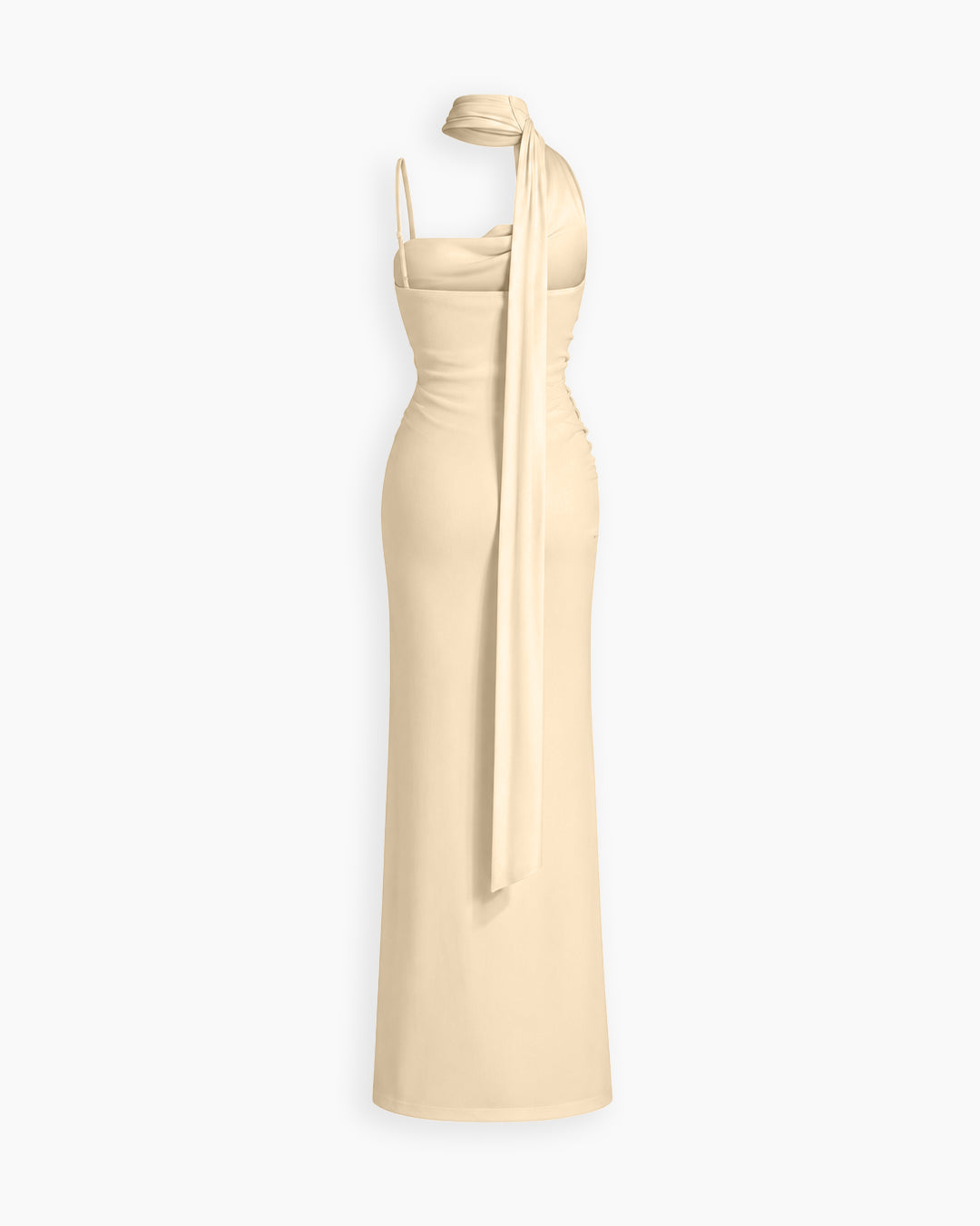 Asymmetric Neck Ruched Draped Maxi Dress in Cream
