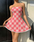 Plaid Strapless Lace Trim Fit and Flare Mini Dress in Blush Pink