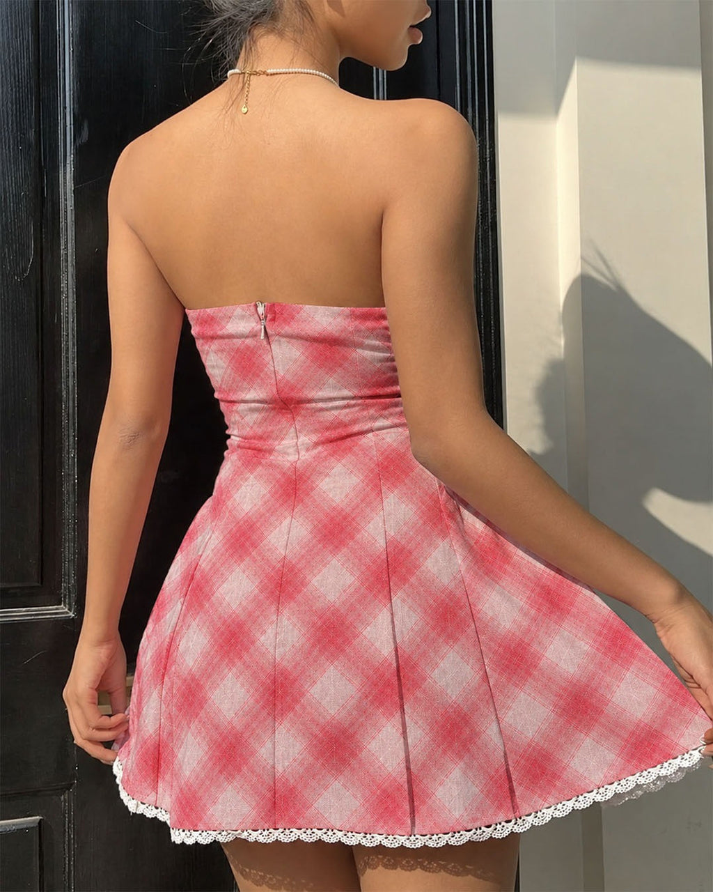 Plaid Strapless Lace Trim Fit and Flare Mini Dress in Blush Pink