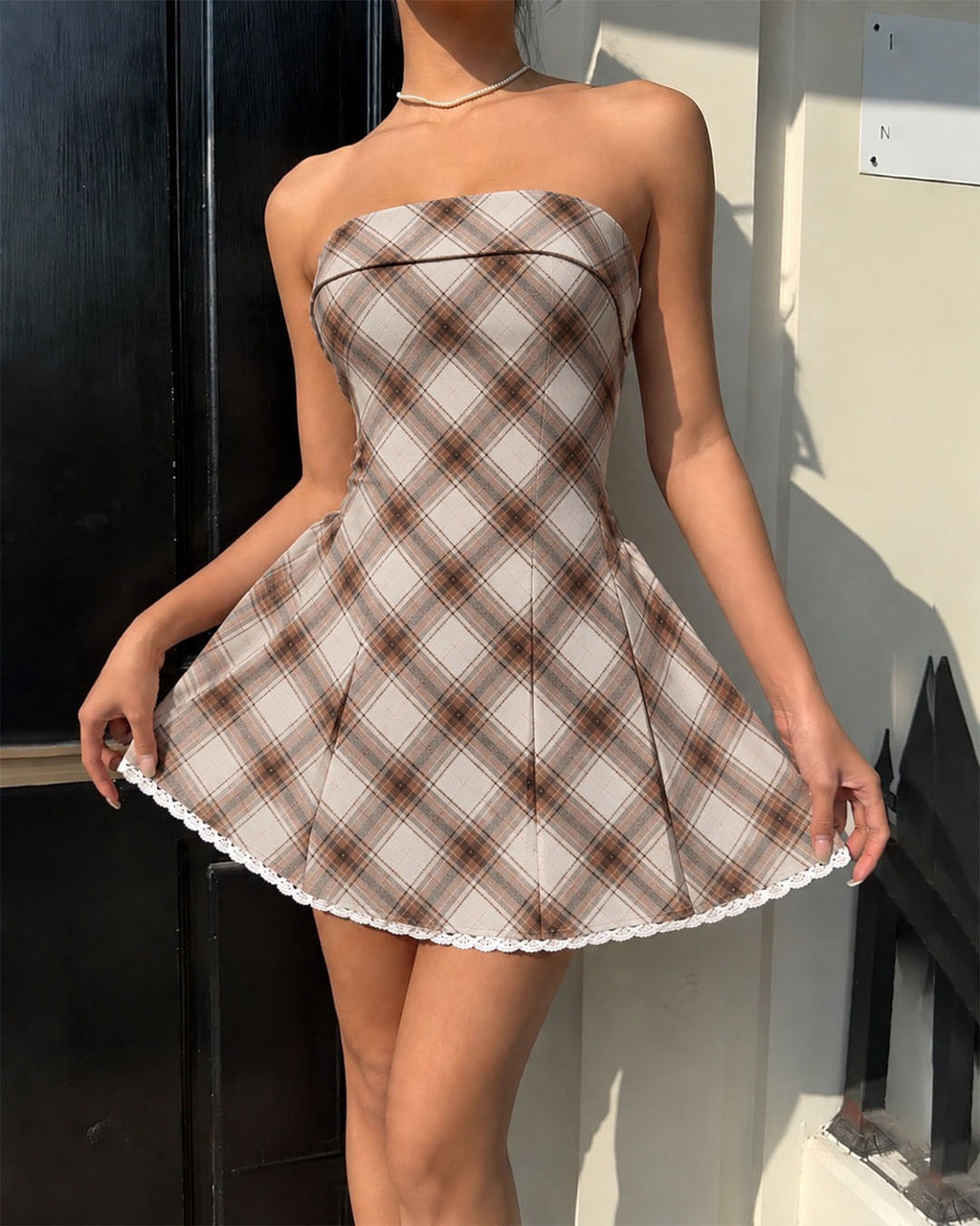 Plaid Strapless Lace Trim Fit and Flare Mini Dress in Caramel Brown