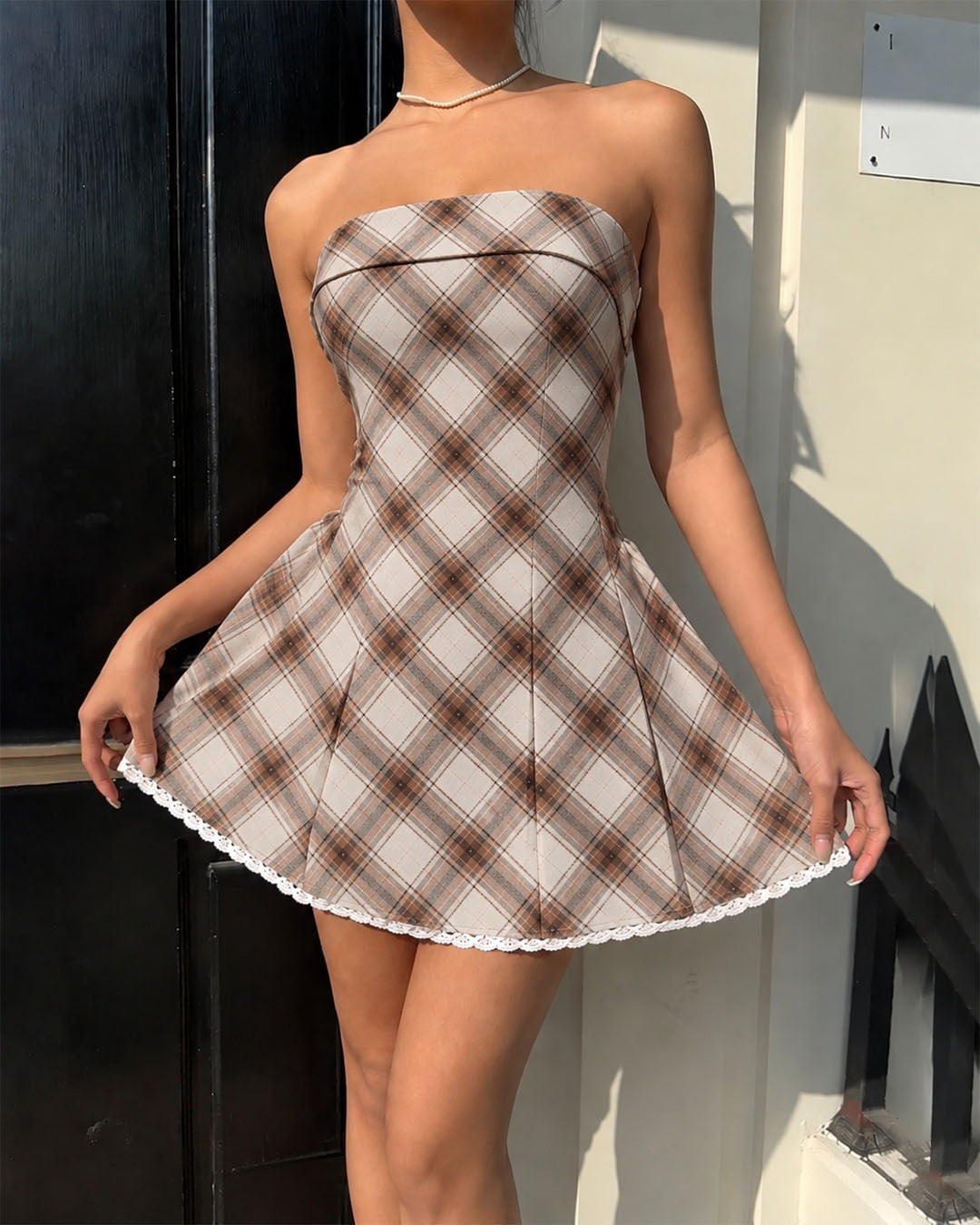 Plaid Strapless Lace Trim Fit and Flare Mini Dress in Caramel Brown