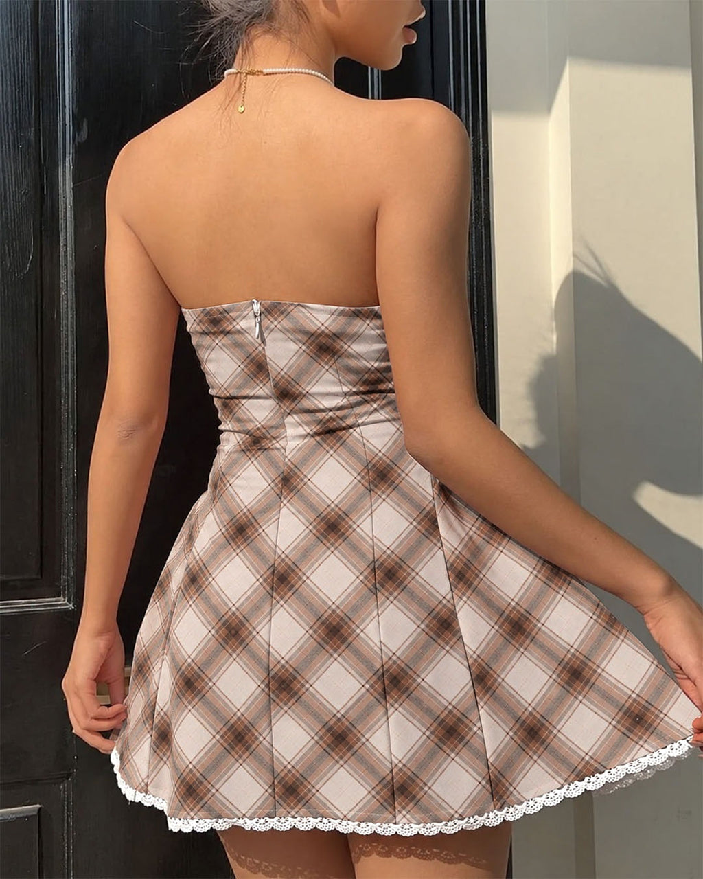 Plaid Strapless Lace Trim Fit and Flare Mini Dress in Caramel Brown
