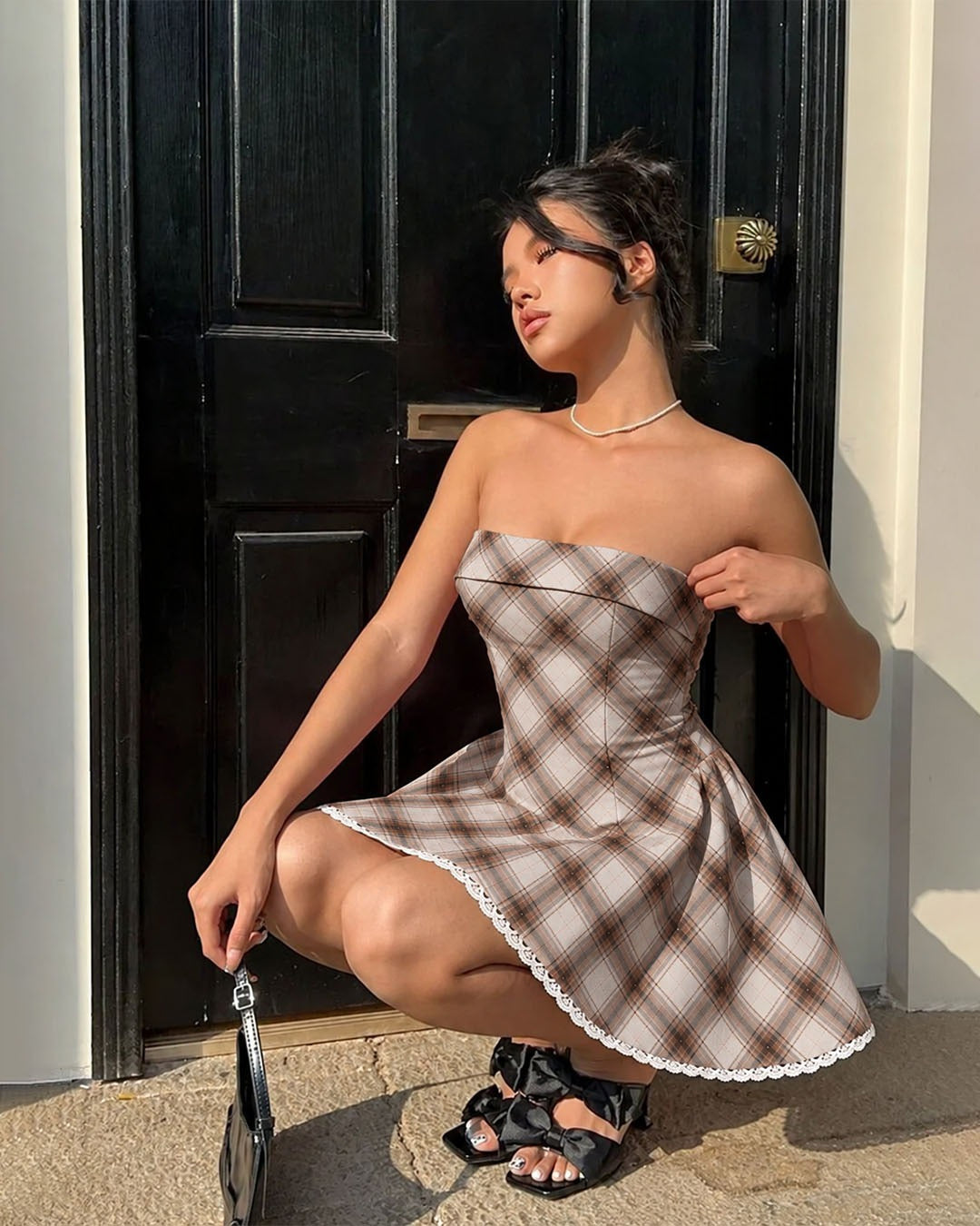 Plaid Strapless Lace Trim Fit and Flare Mini Dress in Caramel Brown