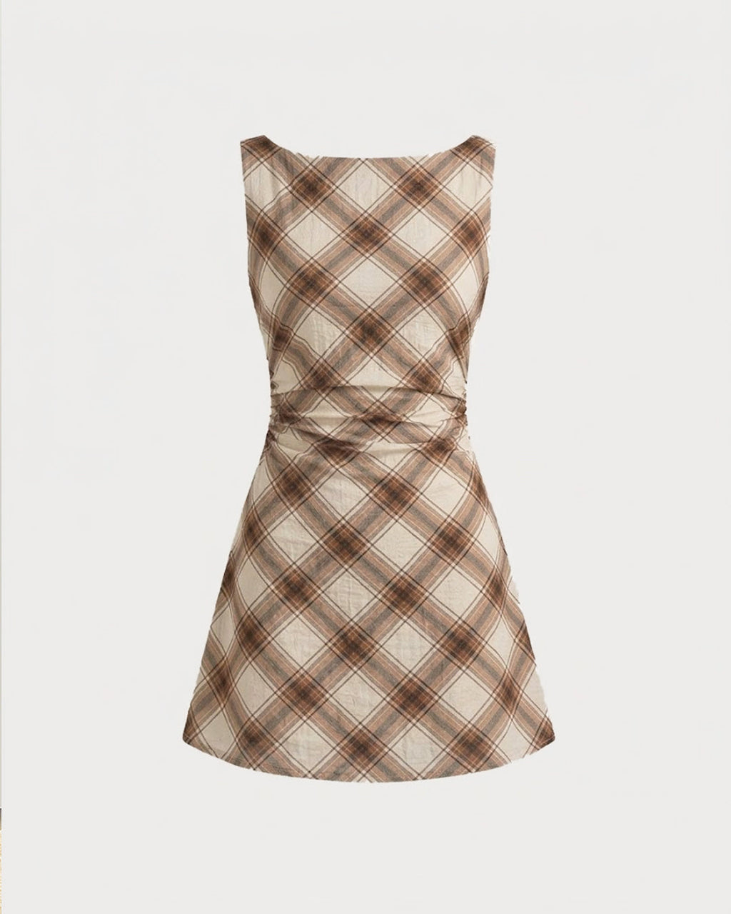 Plaid Boat Neck Ruched A Line Mini Dress in Mocha Brown and Warm Beige