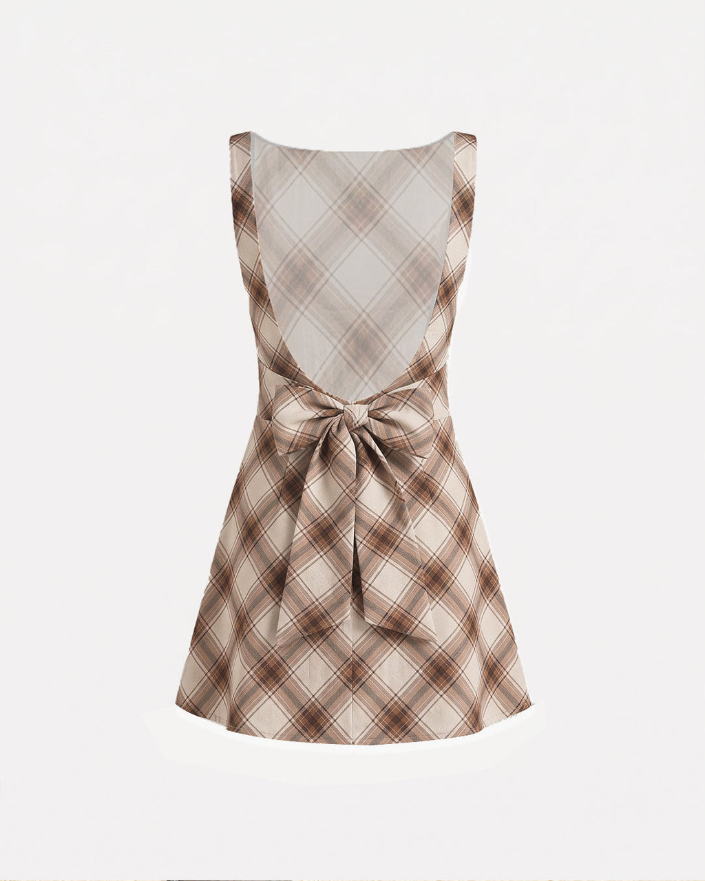 Plaid Boat Neck Ruched A Line Mini Dress in Mocha Brown and Warm Beige