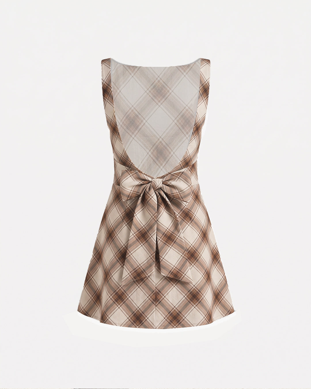 Plaid Boat Neck Ruched A Line Mini Dress in Mocha Brown and Warm Beige