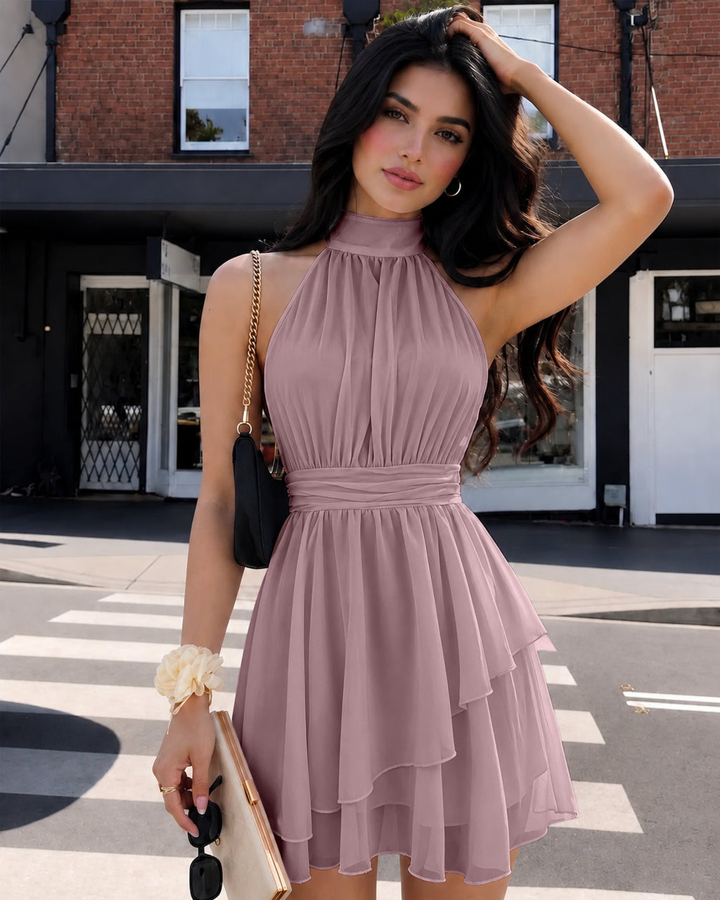 High Neck Halter Tiered Fit and Flare Mini Dress in Powder Pink