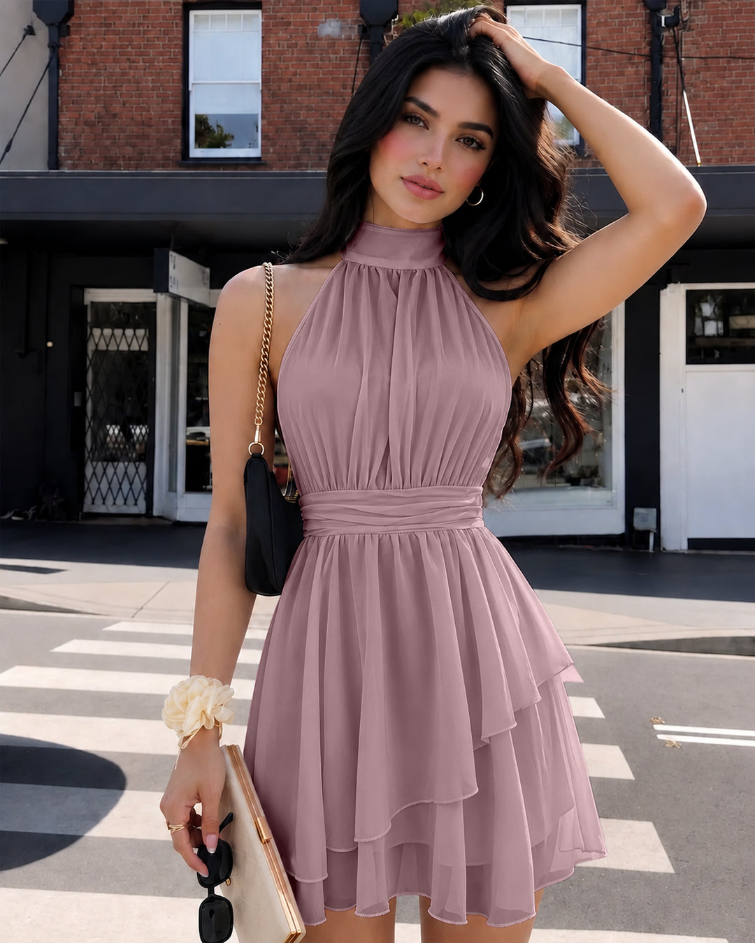 High Neck Halter Tiered Fit and Flare Mini Dress in Powder Pink