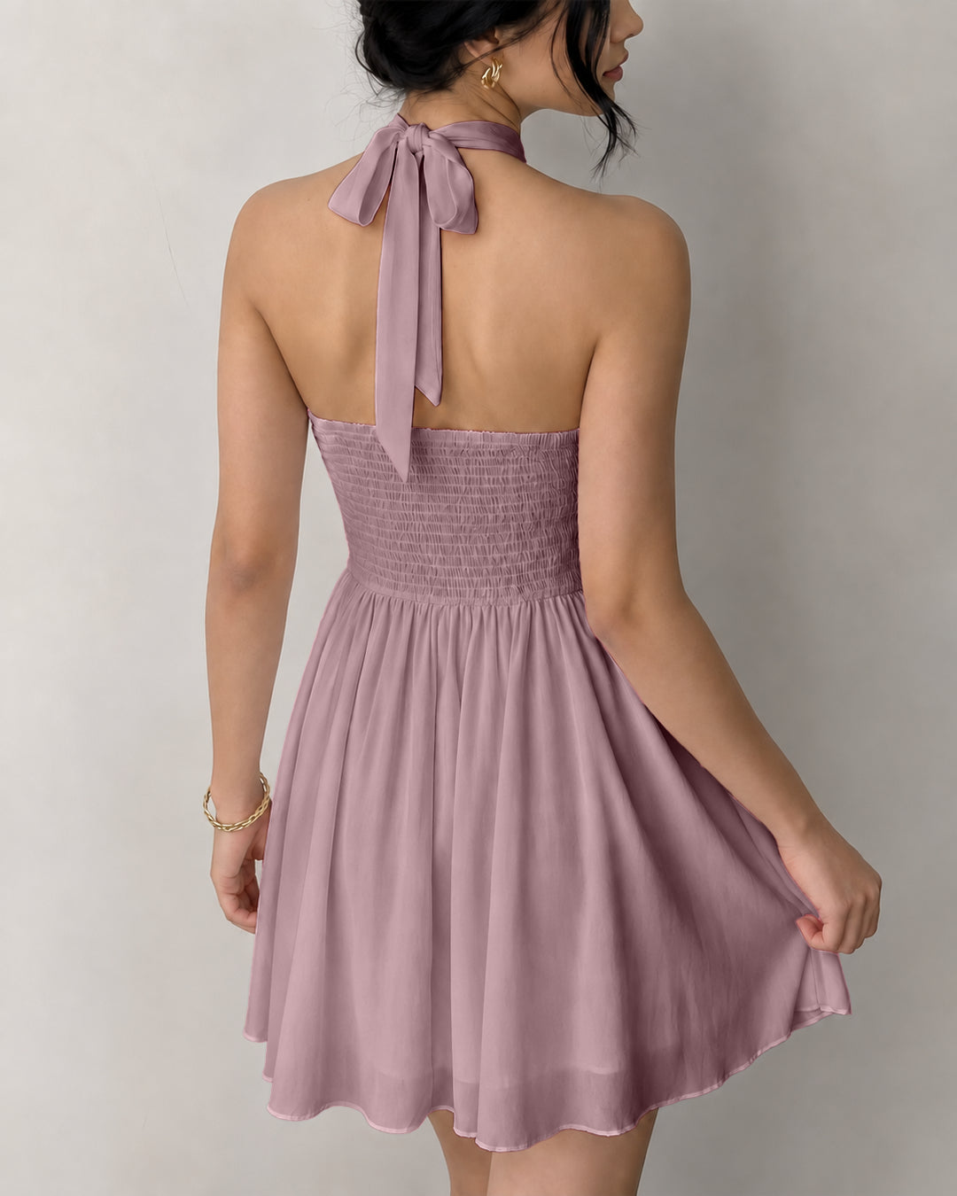High Neck Halter Tiered Fit and Flare Mini Dress in Powder Pink
