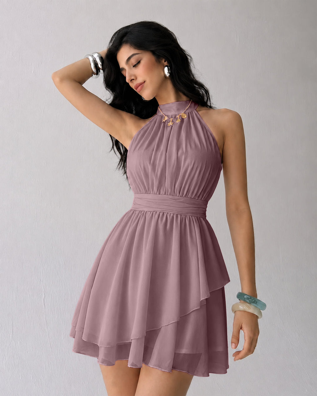 High Neck Halter Tiered Fit and Flare Mini Dress in Powder Pink