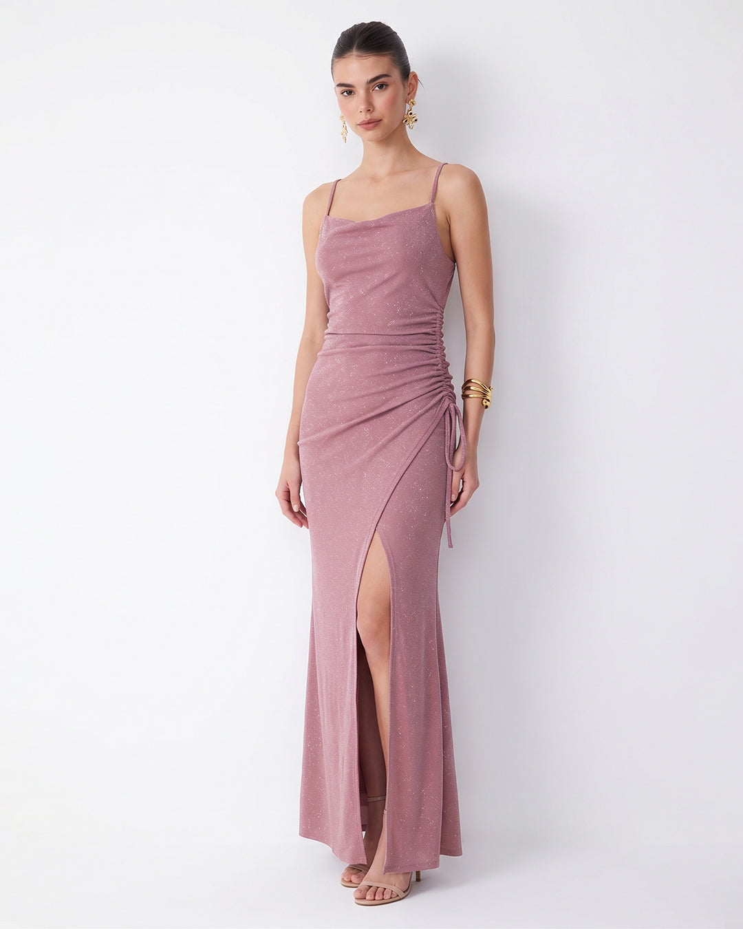 Sparkle Ruched Cowl Neck Side Slit Maxi Dress in Smoky Pink