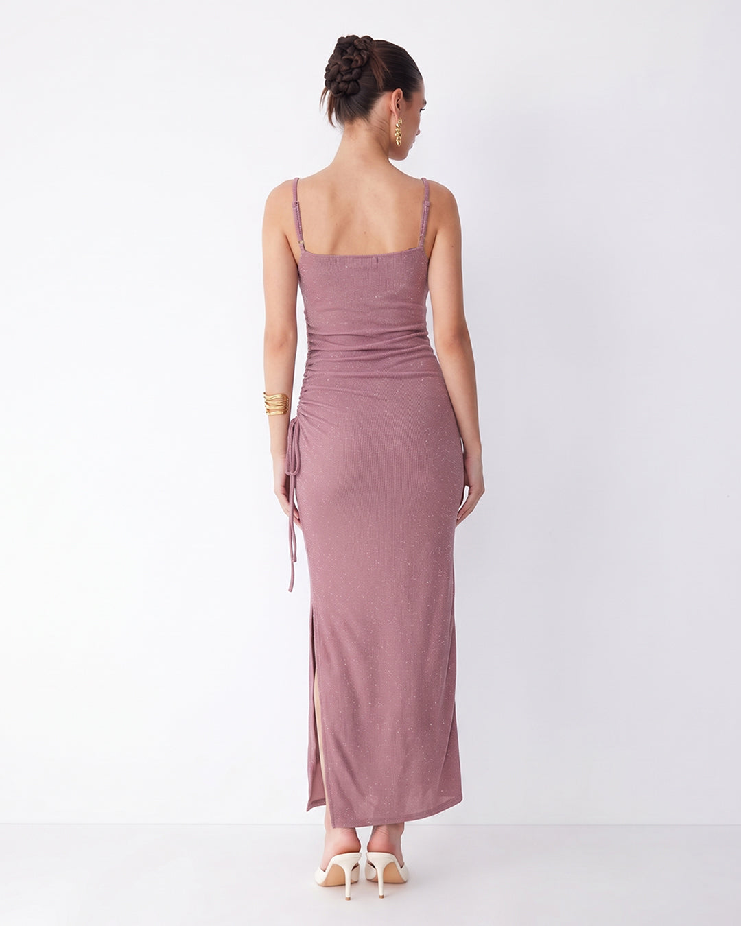 Sparkle Ruched Cowl Neck Side Slit Maxi Dress in Smoky Pink