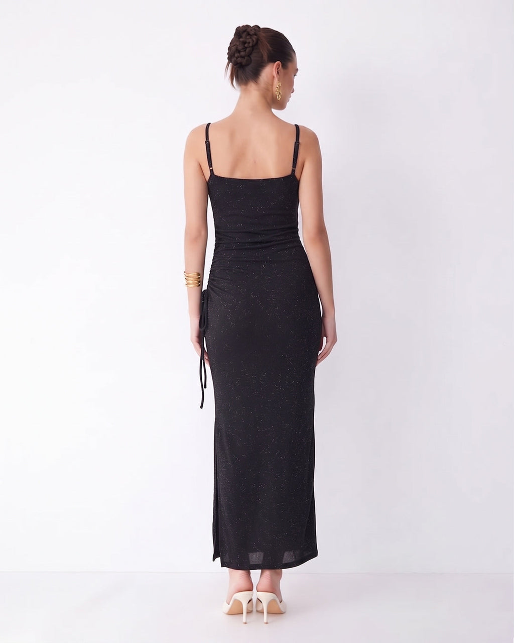 Ruched Cowl Neck Side Slit Maxi Dress in Classic Black
