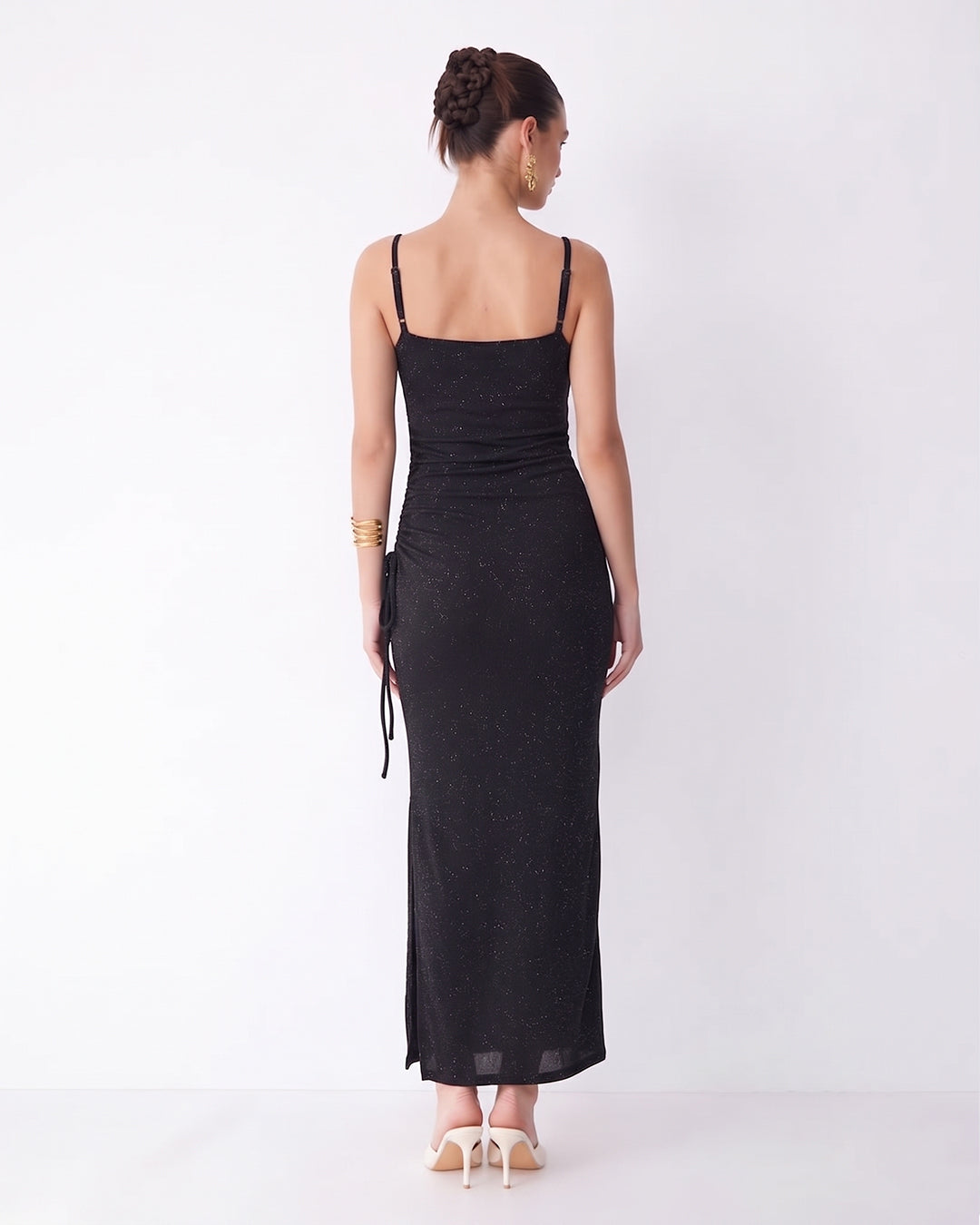 Ruched Cowl Neck Side Slit Maxi Dress in Classic Black