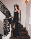 Ruched Cowl Neck Side Slit Maxi Dress in Classic Black
