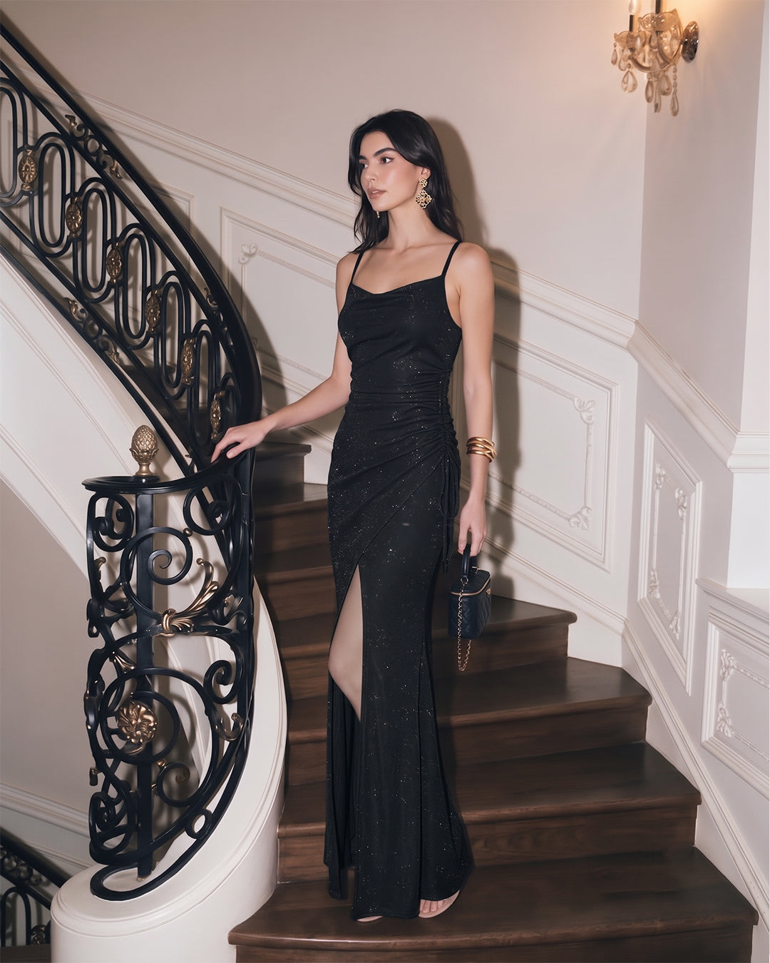 Ruched Cowl Neck Side Slit Maxi Dress in Classic Black