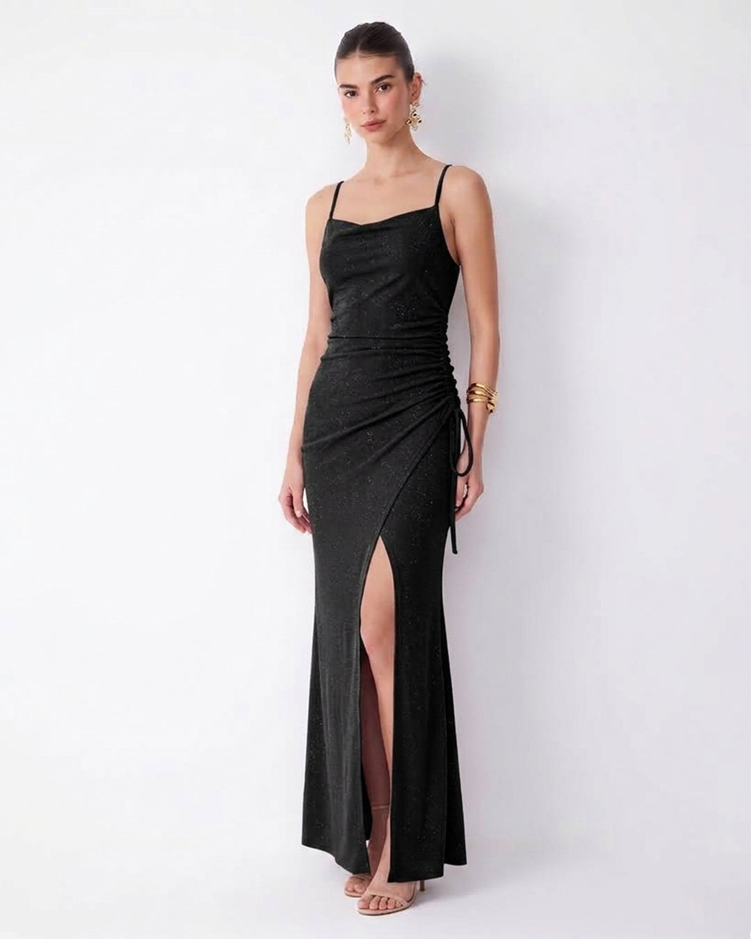 Ruched Cowl Neck Side Slit Maxi Dress in Classic Black