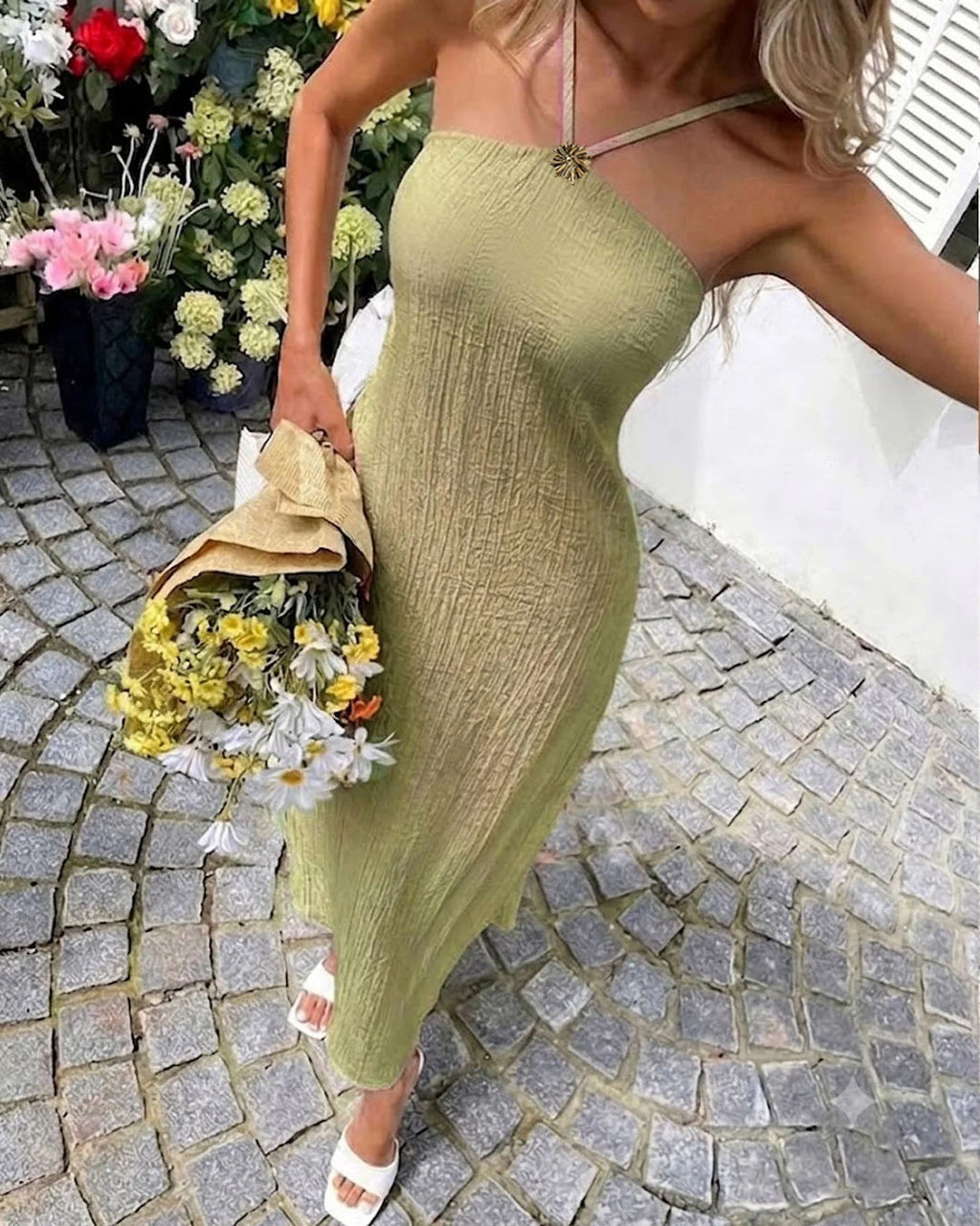 Solid Halter Maxi Dress in Lime Green
