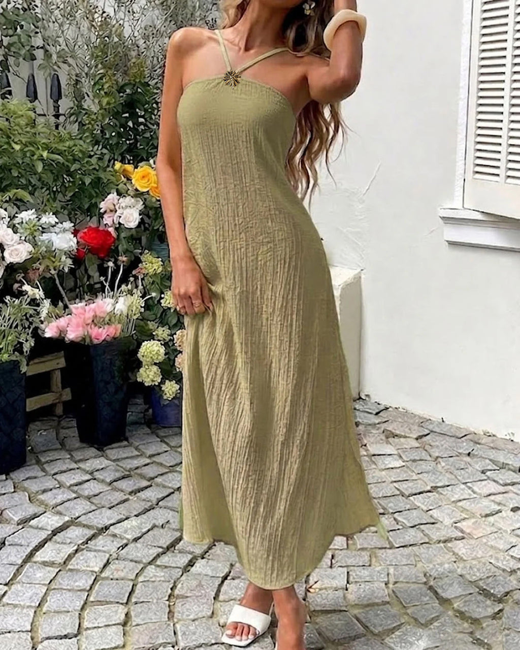 Solid Halter Maxi Dress in Lime Green