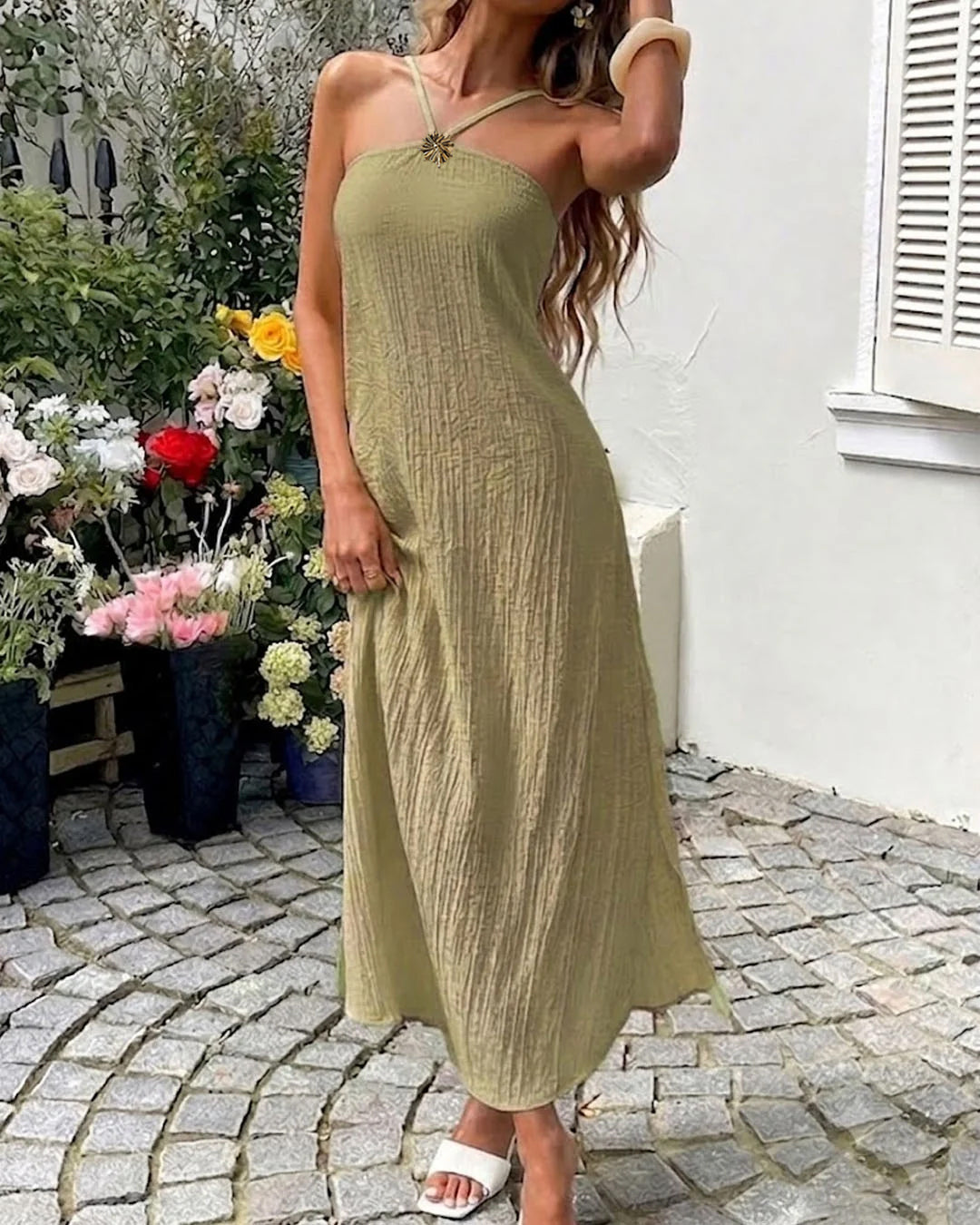 Solid Halter Maxi Dress in Lime Green