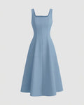 Square Neck Fit and Flare Midi Dress in Baby Blue