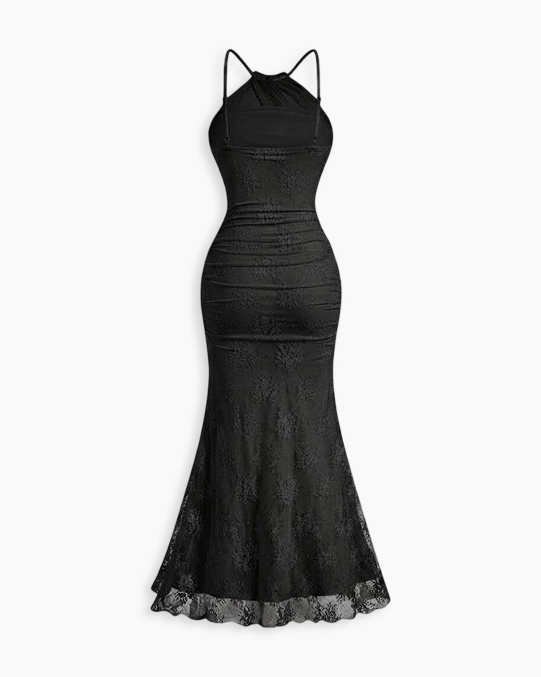 Halter Neck Ruched Mermaid Maxi Dress in Classic Black
