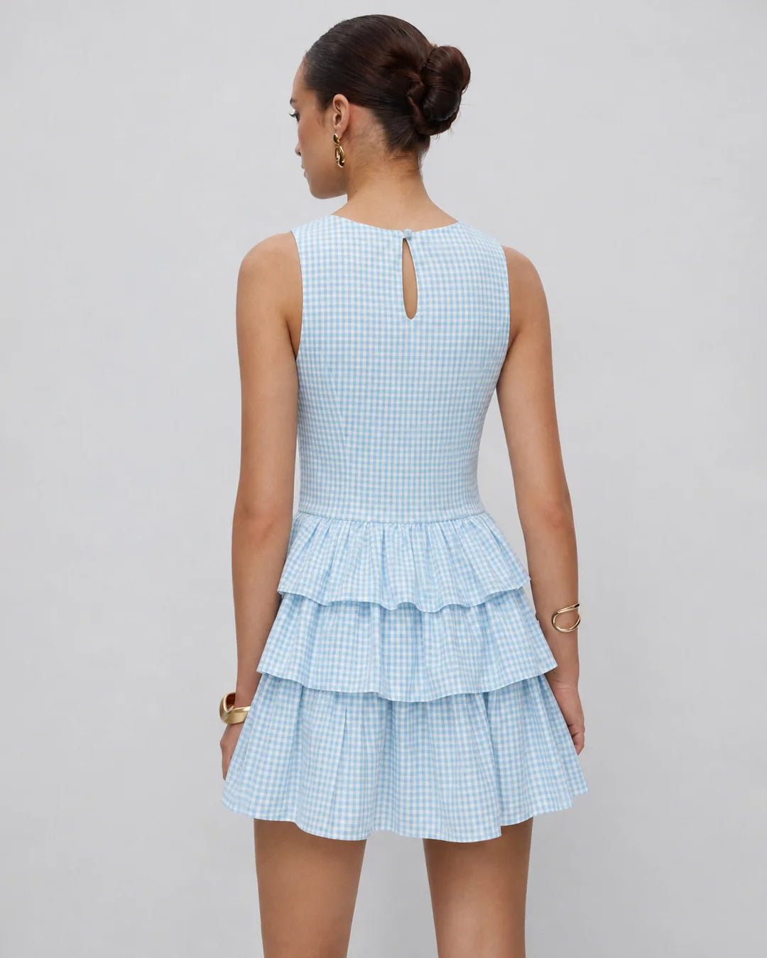 Tiered Gingham Mini Dress in Powder Blue