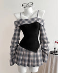 Off Shoulder Plaid Long Sleeve Fit and Flare Mini Dress in Classic Black and Pageant Blue
