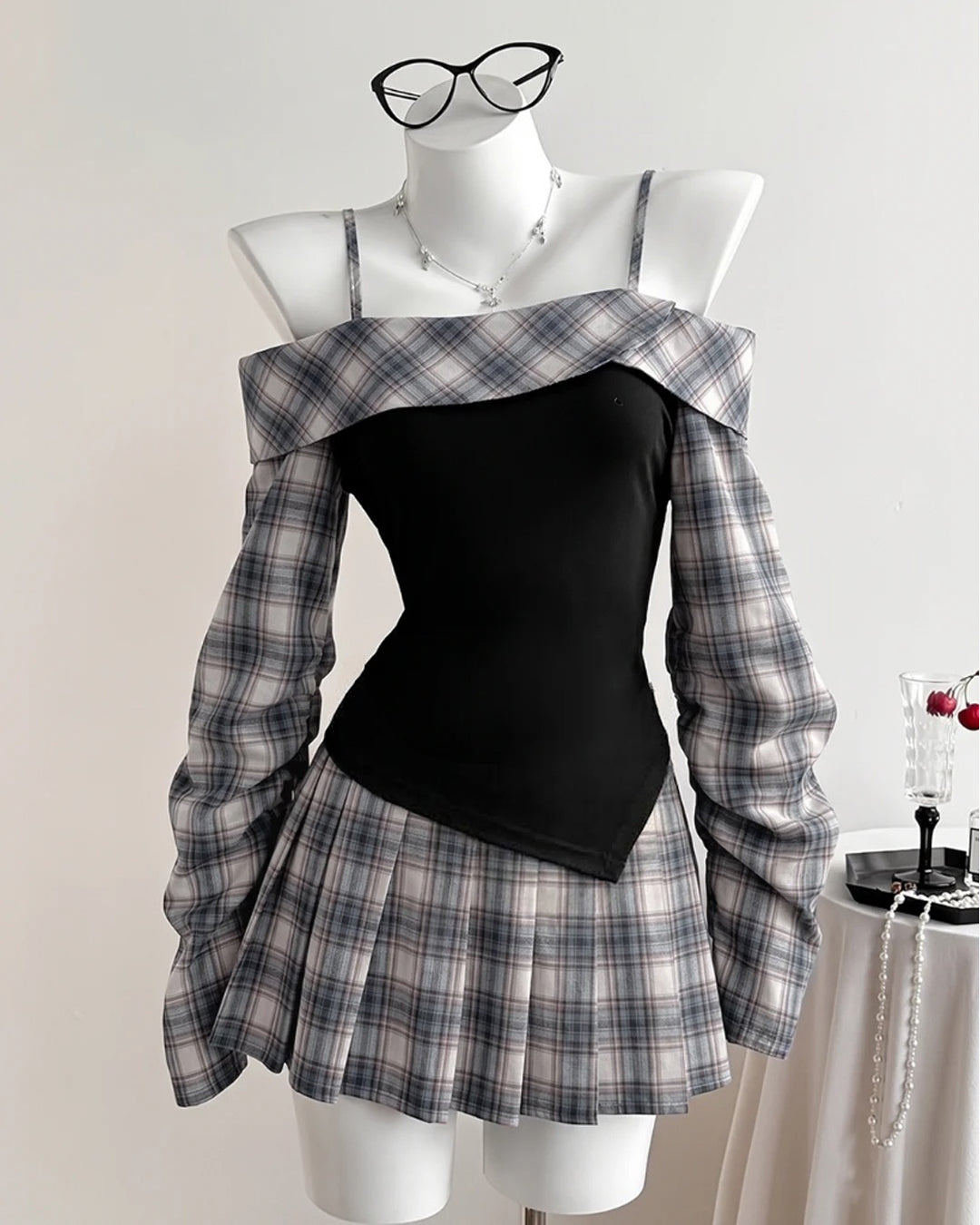Off Shoulder Plaid Long Sleeve Fit and Flare Mini Dress in Classic Black and Pageant Blue