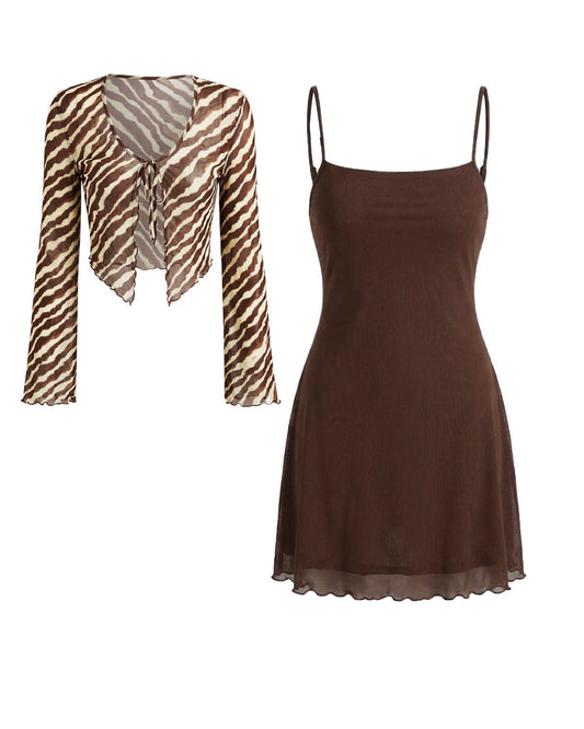 Bonus Cloth's Animal Print Tie Front Shrug with Cami Mini Dress Co-Ord in Cocoa Brown