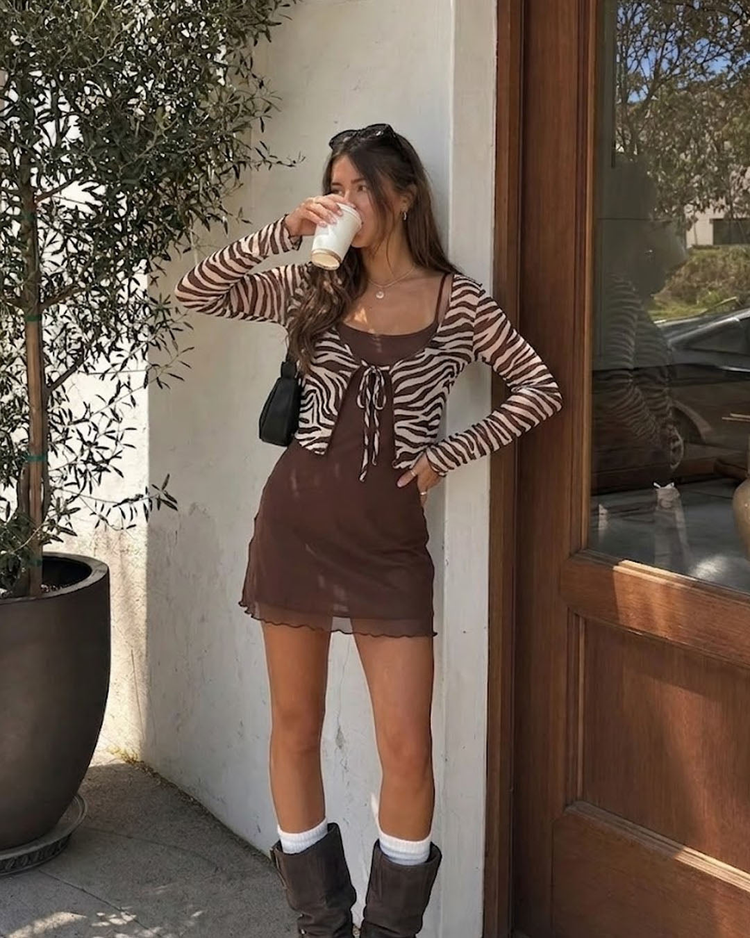 Animal Print Tie Front Shrug with Cami Mini Dress Co-Ord in Cocoa Brown