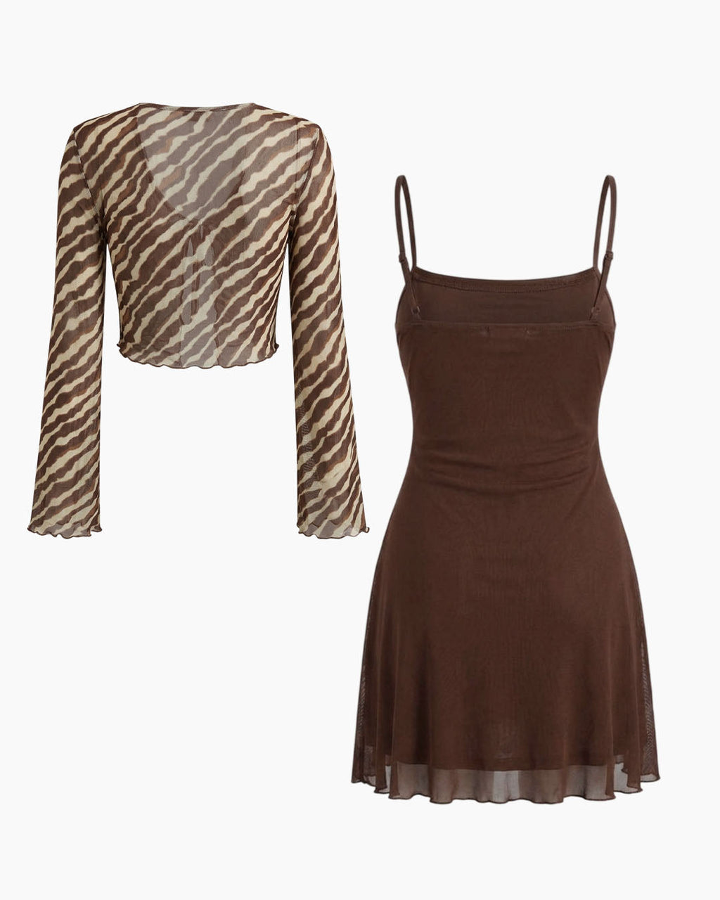 Animal Print Tie Front Shrug with Cami Mini Dress Co-Ord in Cocoa Brown