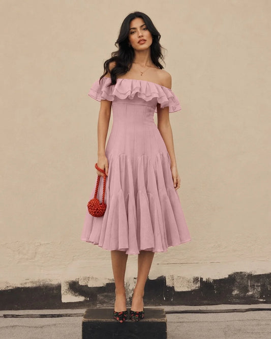 Bonus Cloth's Layered Off Shoulder Fit and Flare Midi Dress in Dusty Pink
