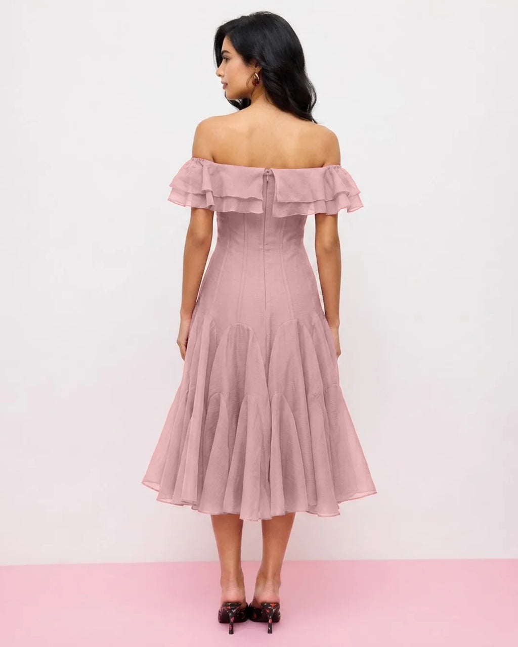 Layered Off Shoulder Fit and Flare Midi Dress in Dusty Pink