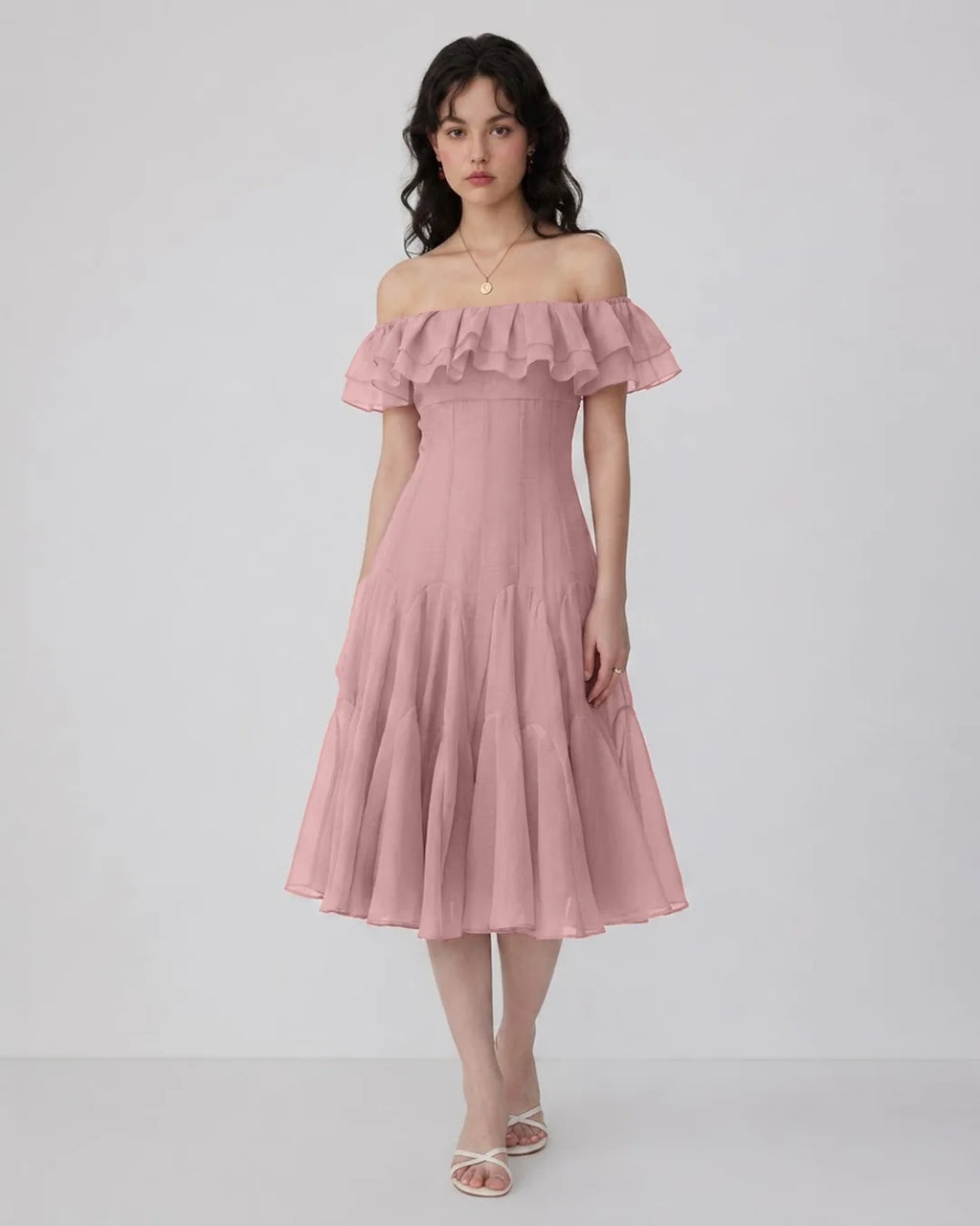 Layered Off Shoulder Fit and Flare Midi Dress in Dusty Pink