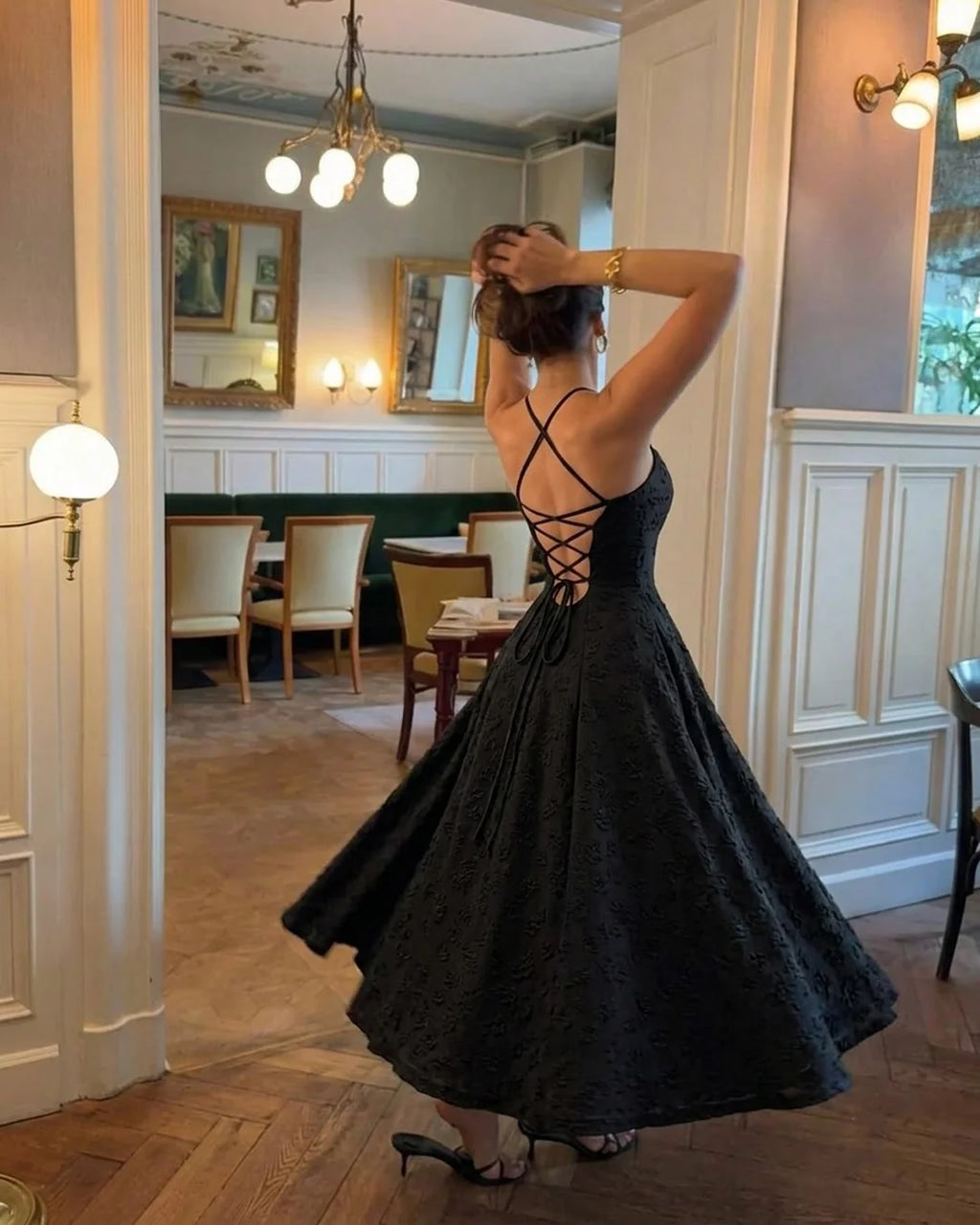 Backless Tie-Up Strap Maxi Dress in Classic Black