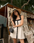 Contrast Trim Halter Neck Fit and Flare Mini Dress in Off White