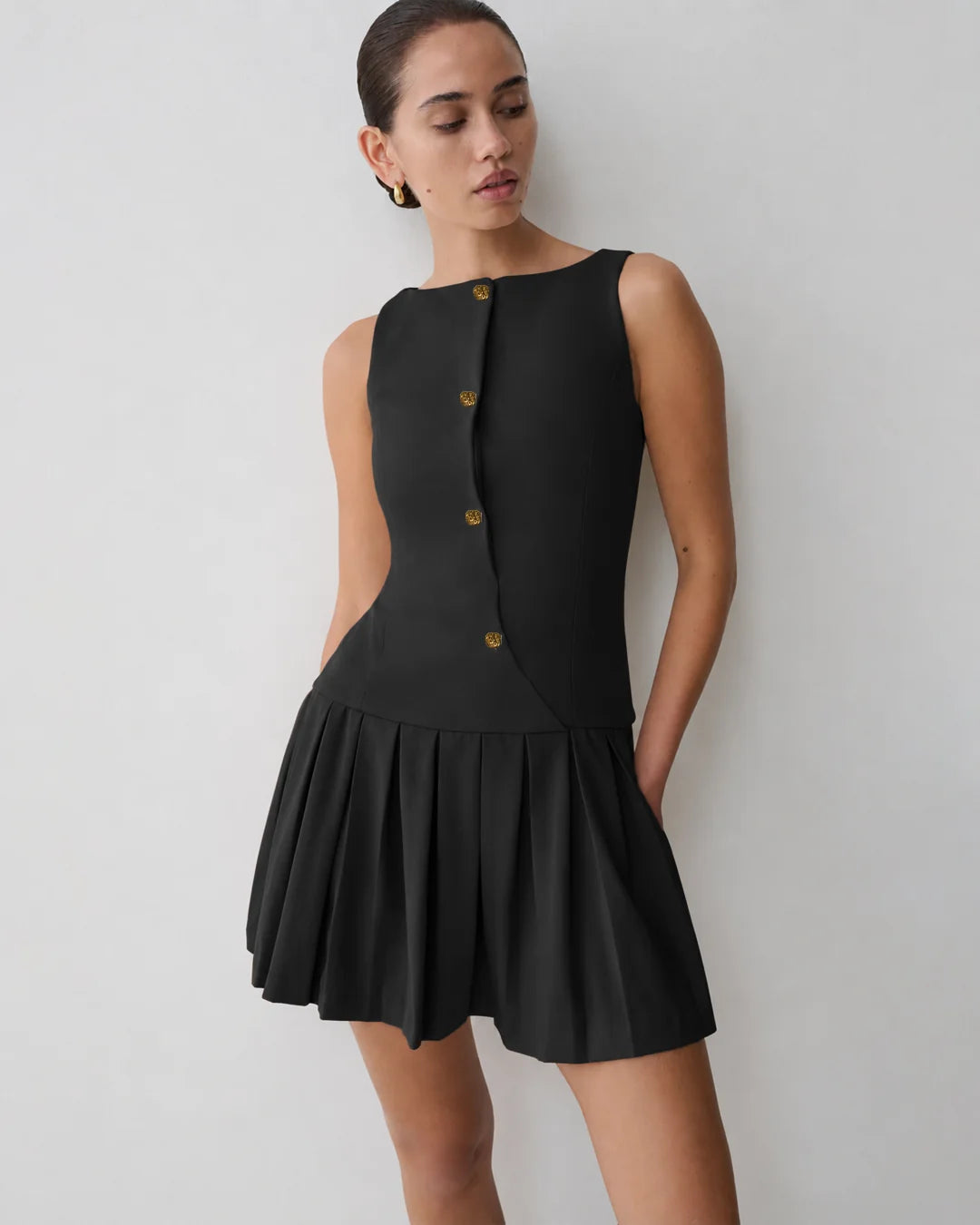 Bonus Cloth's Button Detail Sleeveless Mini Dress in Soft Black