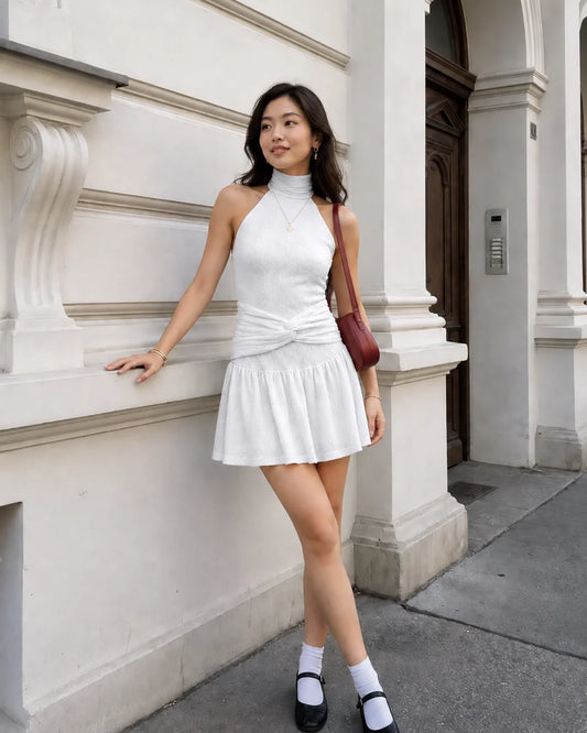 Bonus Cloth's Twist Waist Halter Neck Mini Dress in Classic White