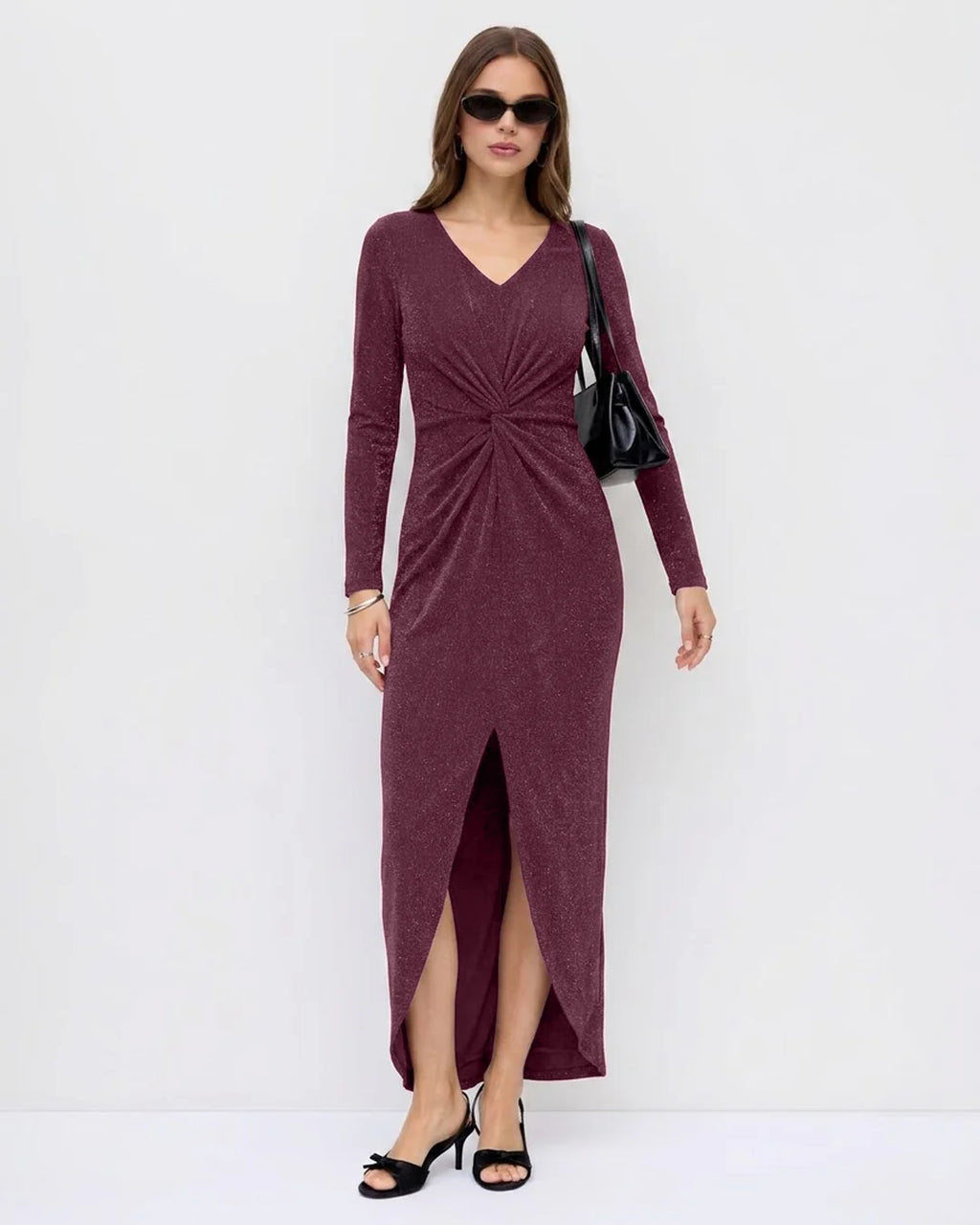 Ruched Wrap Front Long Sleeve Midi Dress in Wine Maroon