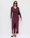 Ruched Wrap Front Long Sleeve Midi Dress in Wine Maroon