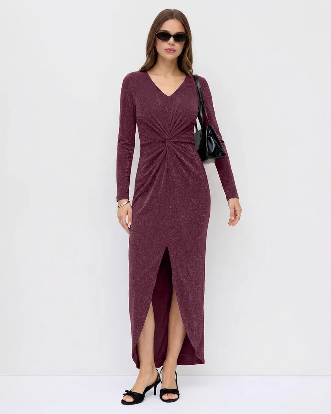 Ruched Wrap Front Long Sleeve Midi Dress in Wine Maroon