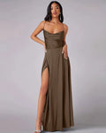 Cowl Neck High Slit Maxi Dress in Cocoa Brown