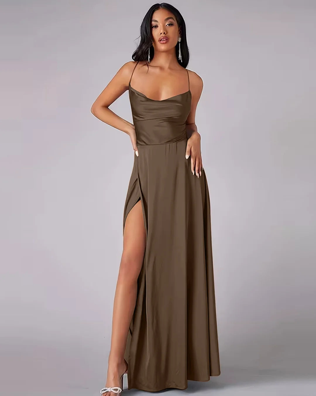 Cowl Neck High Slit Maxi Dress in Cocoa Brown