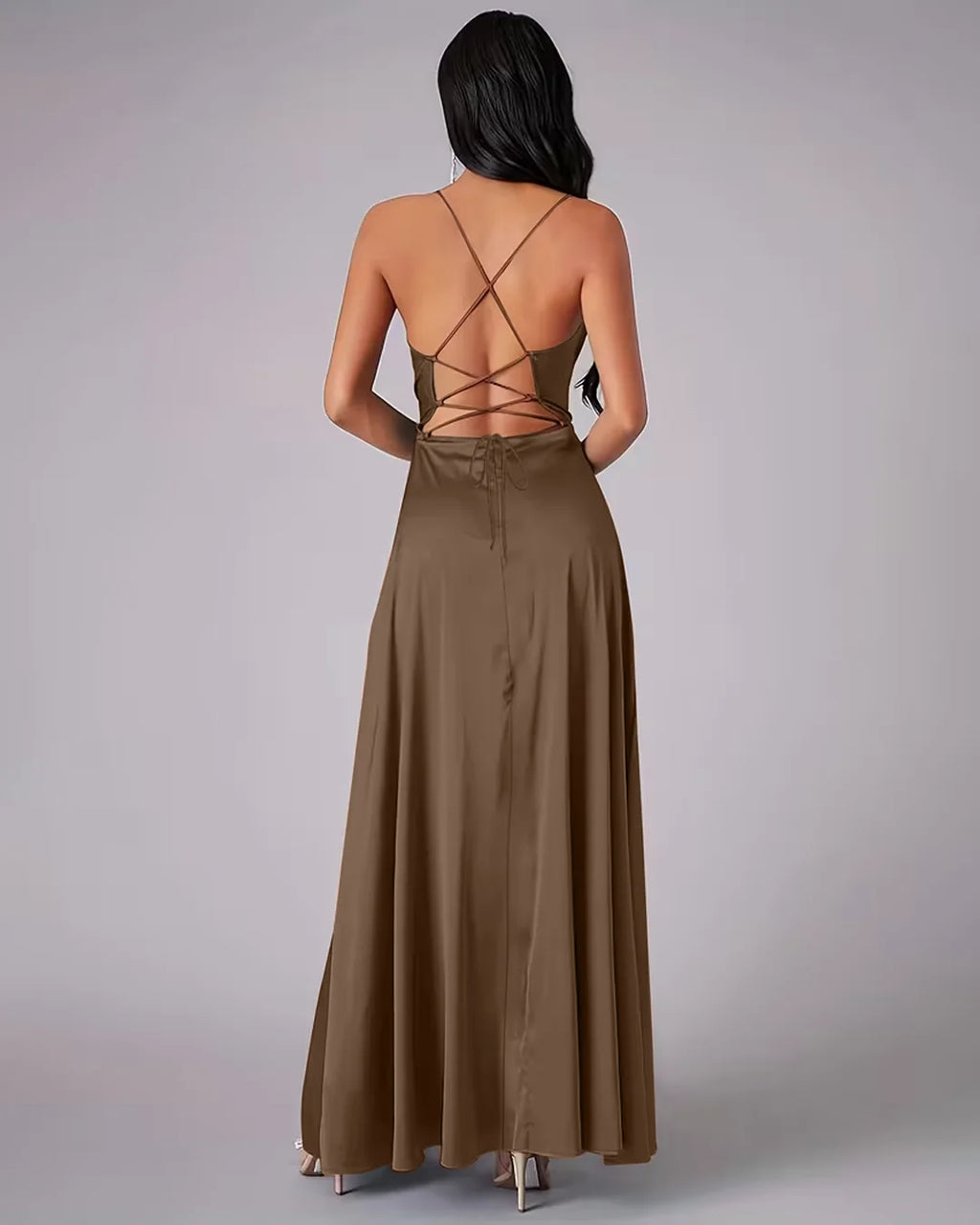 Cowl Neck High Slit Maxi Dress in Cocoa Brown