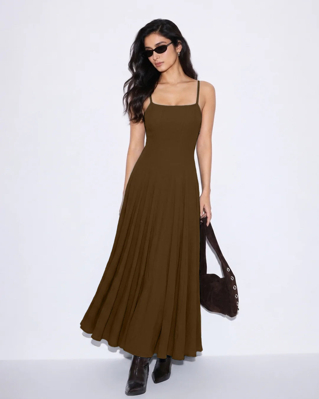 Square Neck Fit and Flare Maxi Dress in Espresso Brown