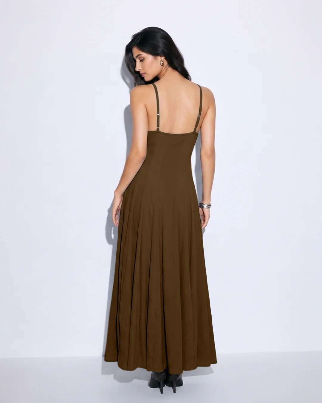 Square Neck Fit and Flare Maxi Dress in Espresso Brown